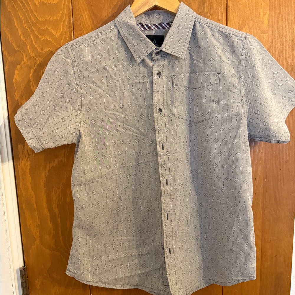 Prana Men's Light Gray Geo Patterned Button Down Shirt Size M 70% Organic Cotton